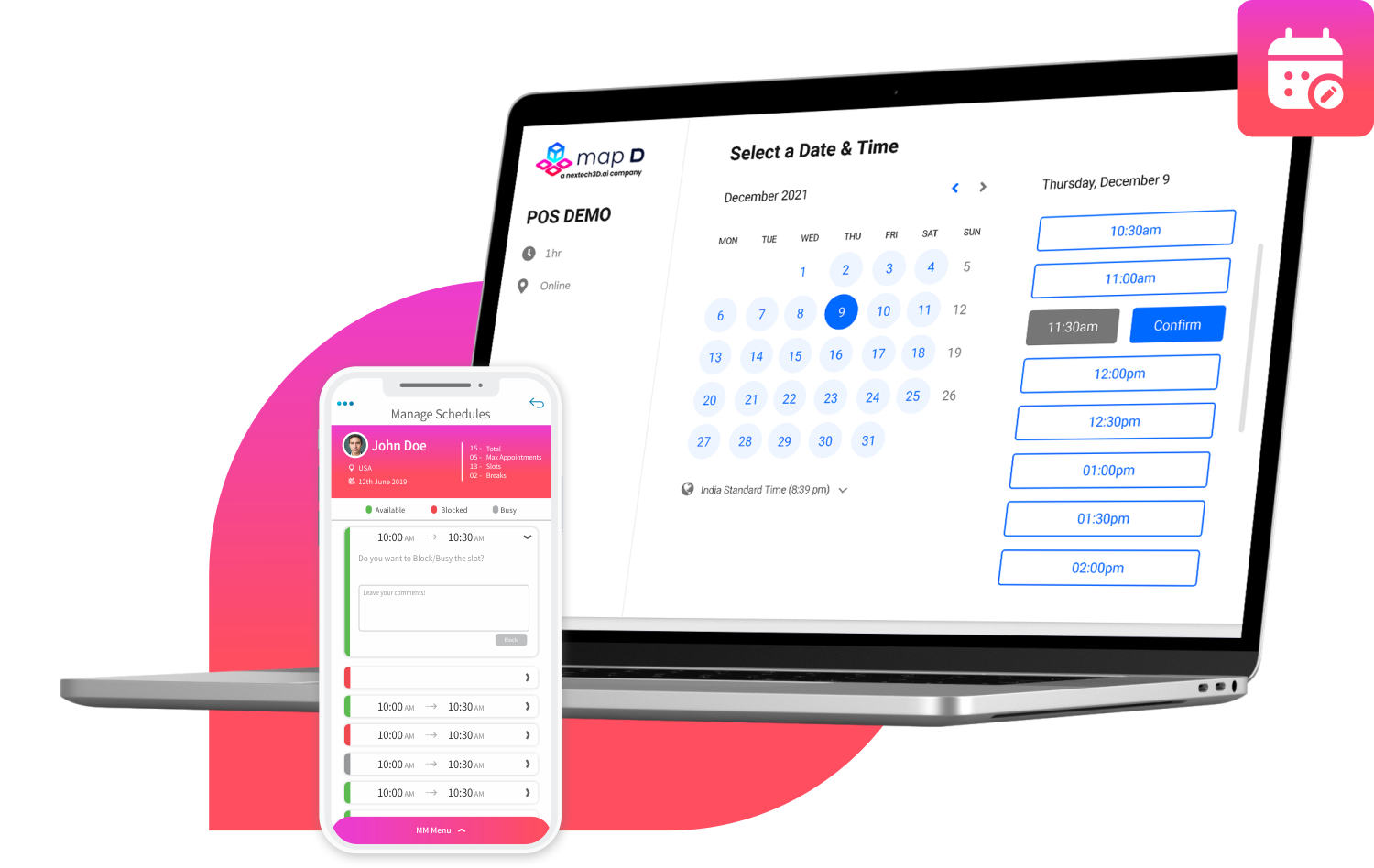 Appointment scheduling interface showing matched meeting times between attendees and exhibitors